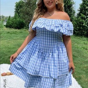 Plus Gingham Ruffle Layered Hem Off-Shoulder Dress
